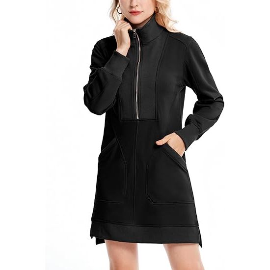 Women’s Loose-Fit Half-Zip Lapel Sweatshirt Mini Dress